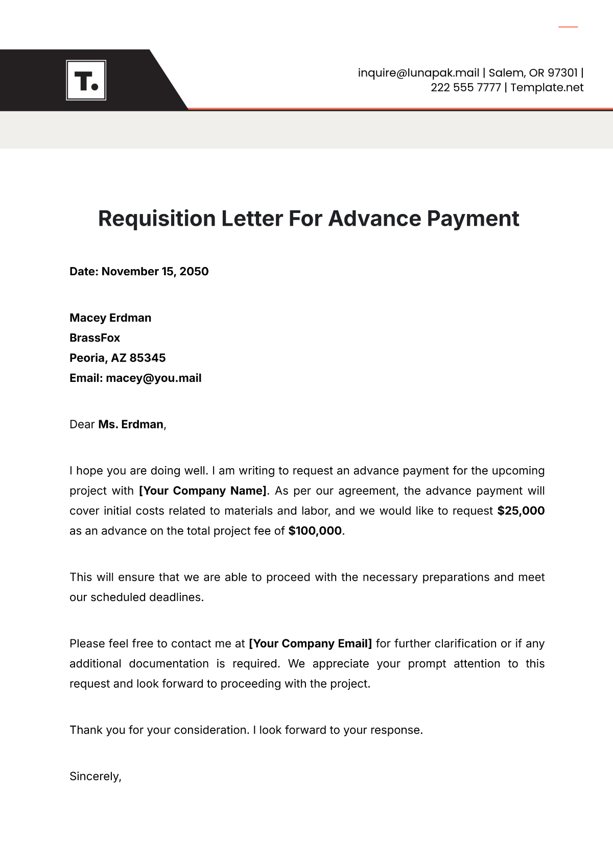 Requisition Letter for Advance Payment Template - Edit Online & Download