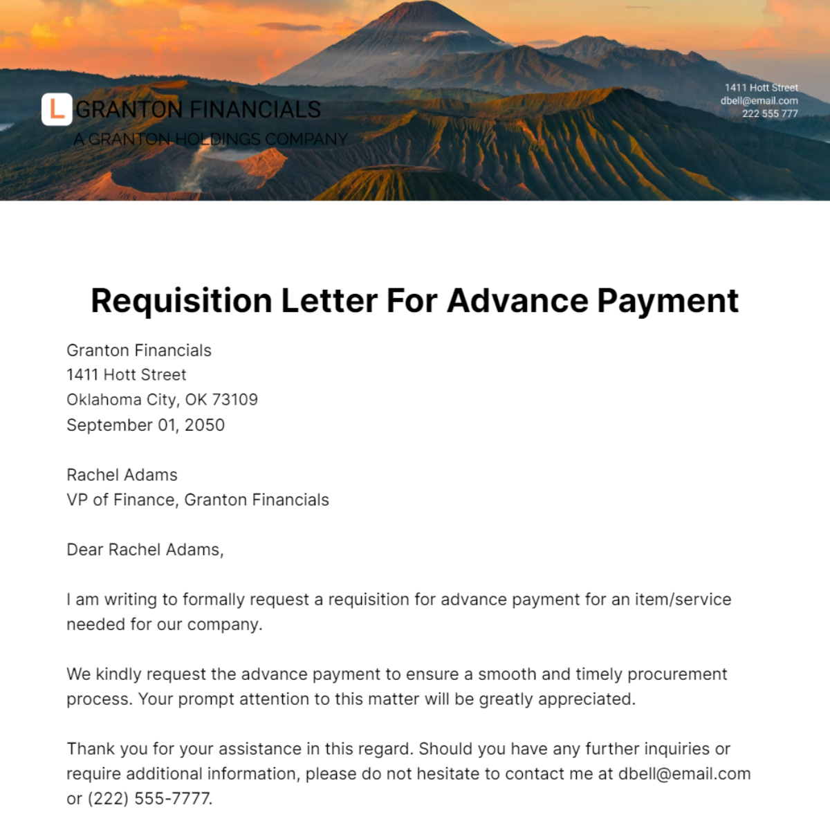 Requisition Letter for Advance Payment Template
