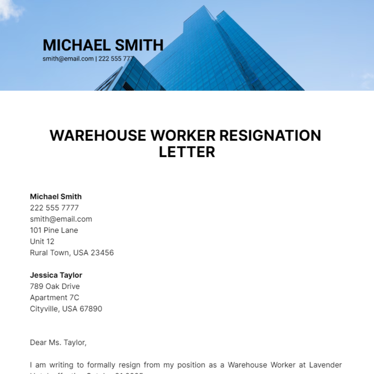 Free Warehouse Worker Resignation Letter Template