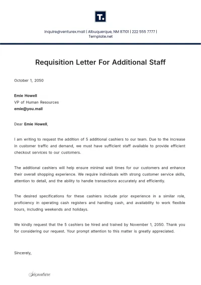 Free Requisition Letter for Additional Staff Template to Edit Online