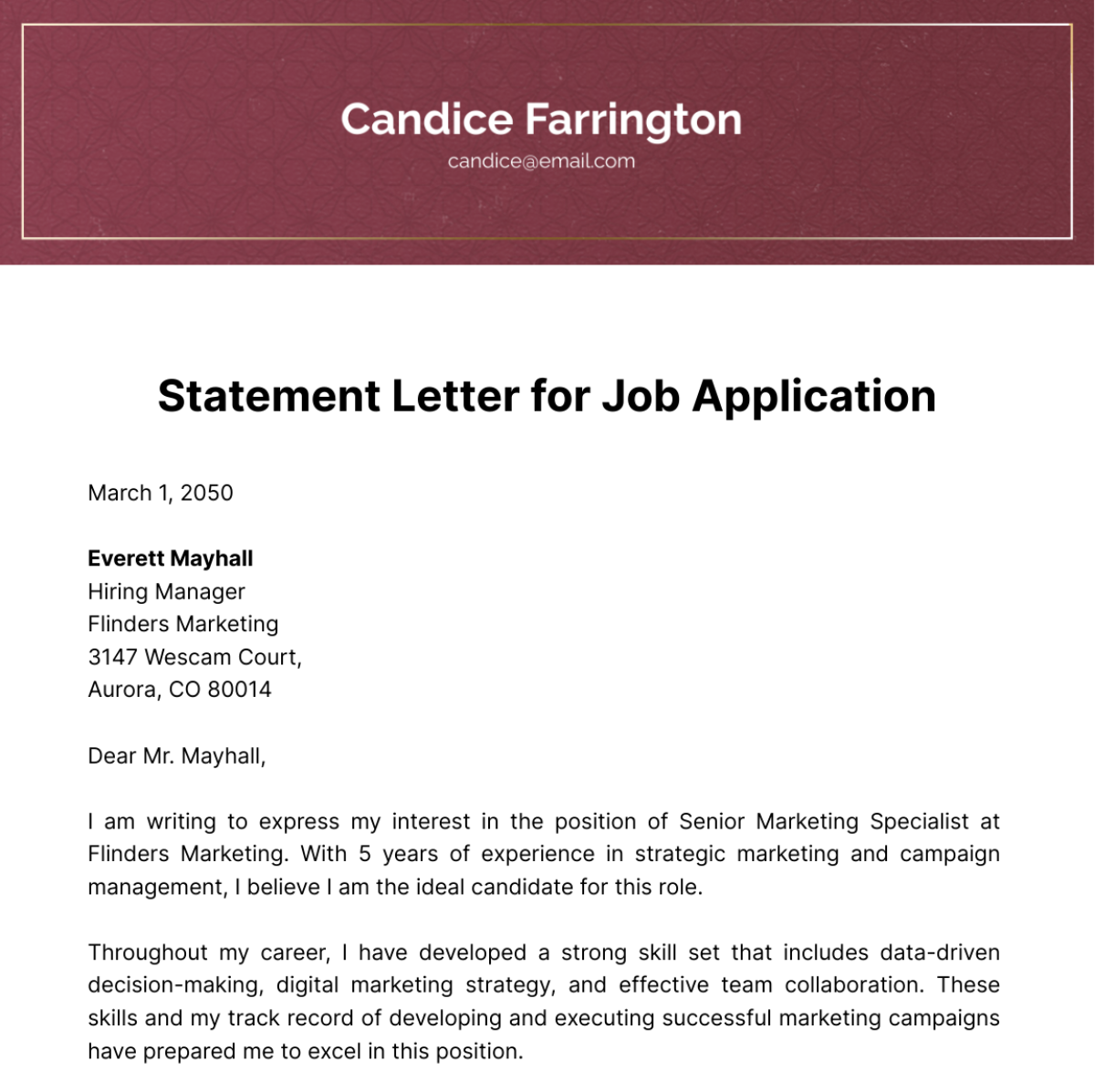 Free Statement Letter for Job Application Template