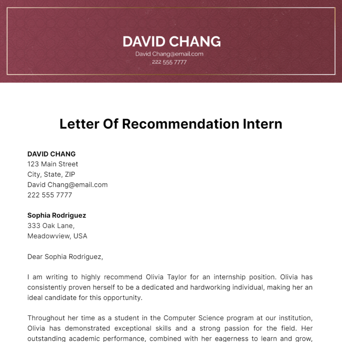Letter Of Recommendation Intern Template