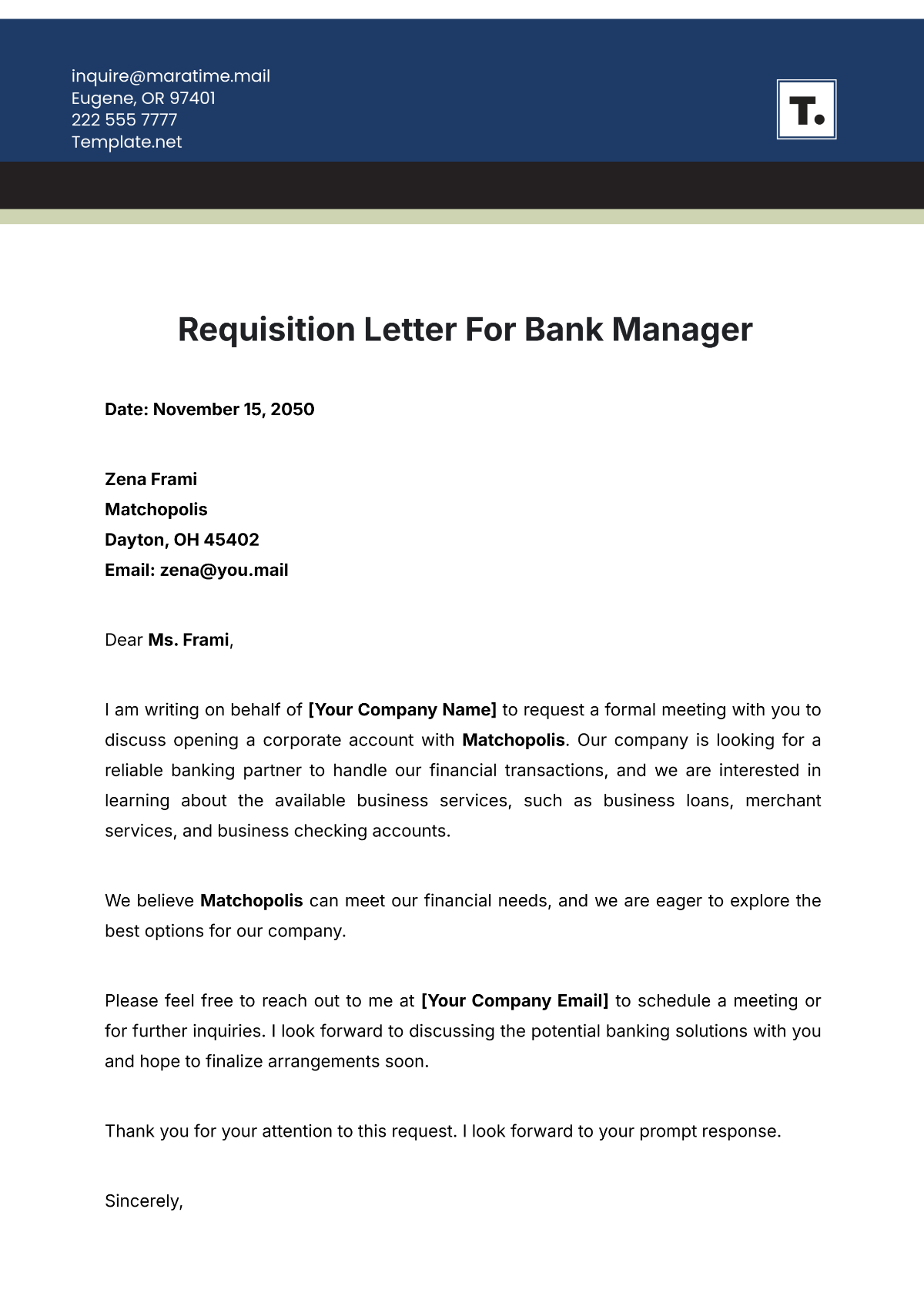 Requisition Letter for Bank Manager Template - Edit Online & Download