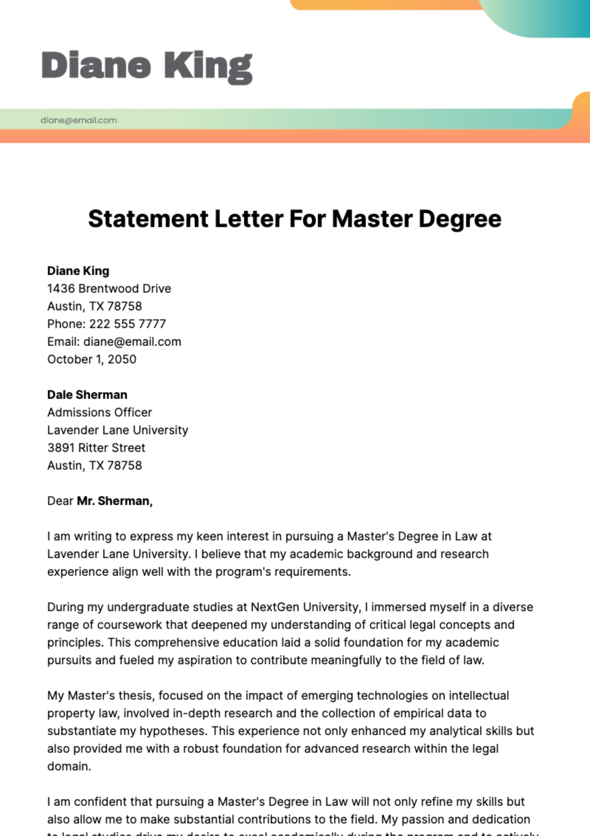 Free Statement Letter for Master Degree Template
