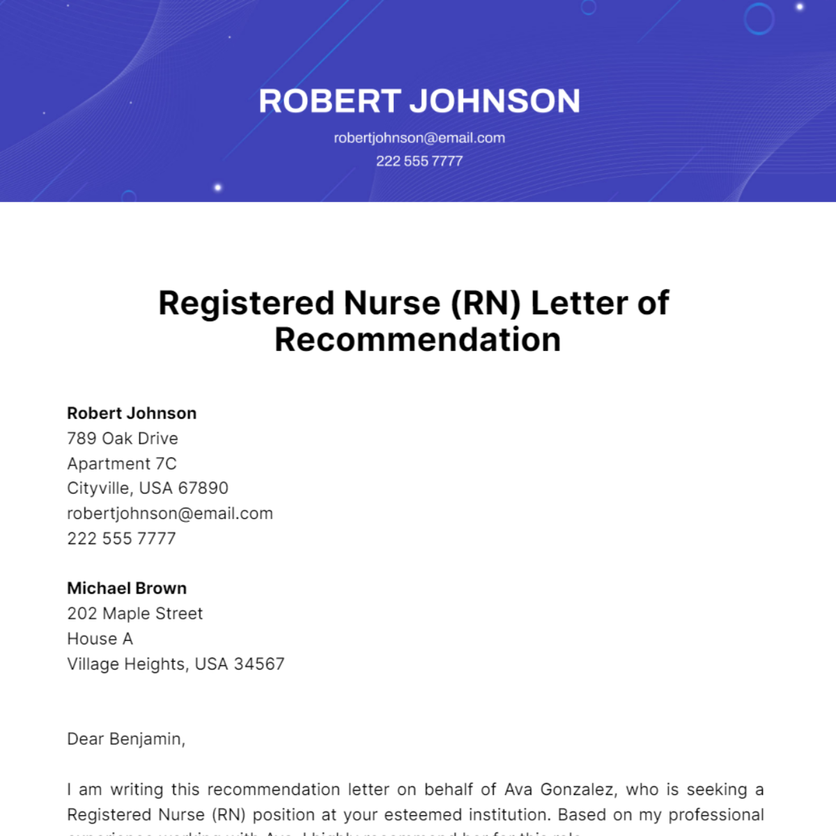 Registered Nurse (RN) Letter of Recommendation Template