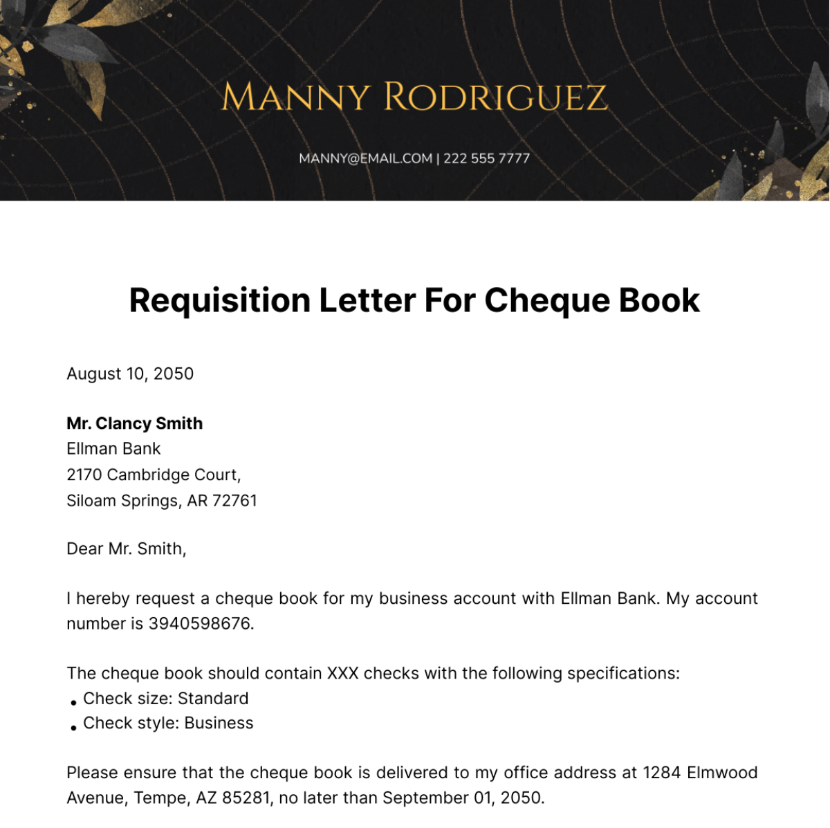 Requisition Letter for Cheque Book Template