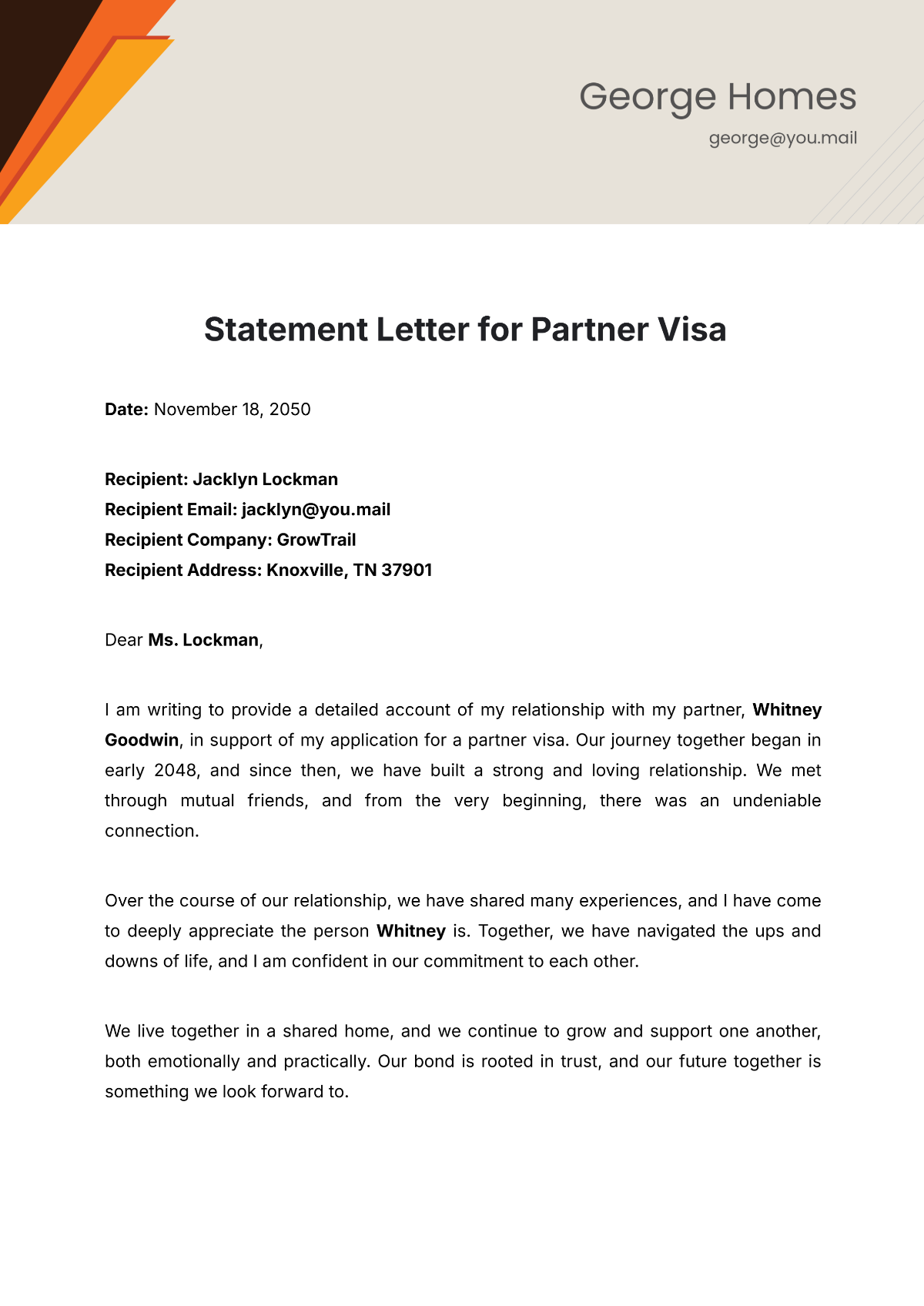 Statement Letter for Partner Visa Template - Edit Online & Download