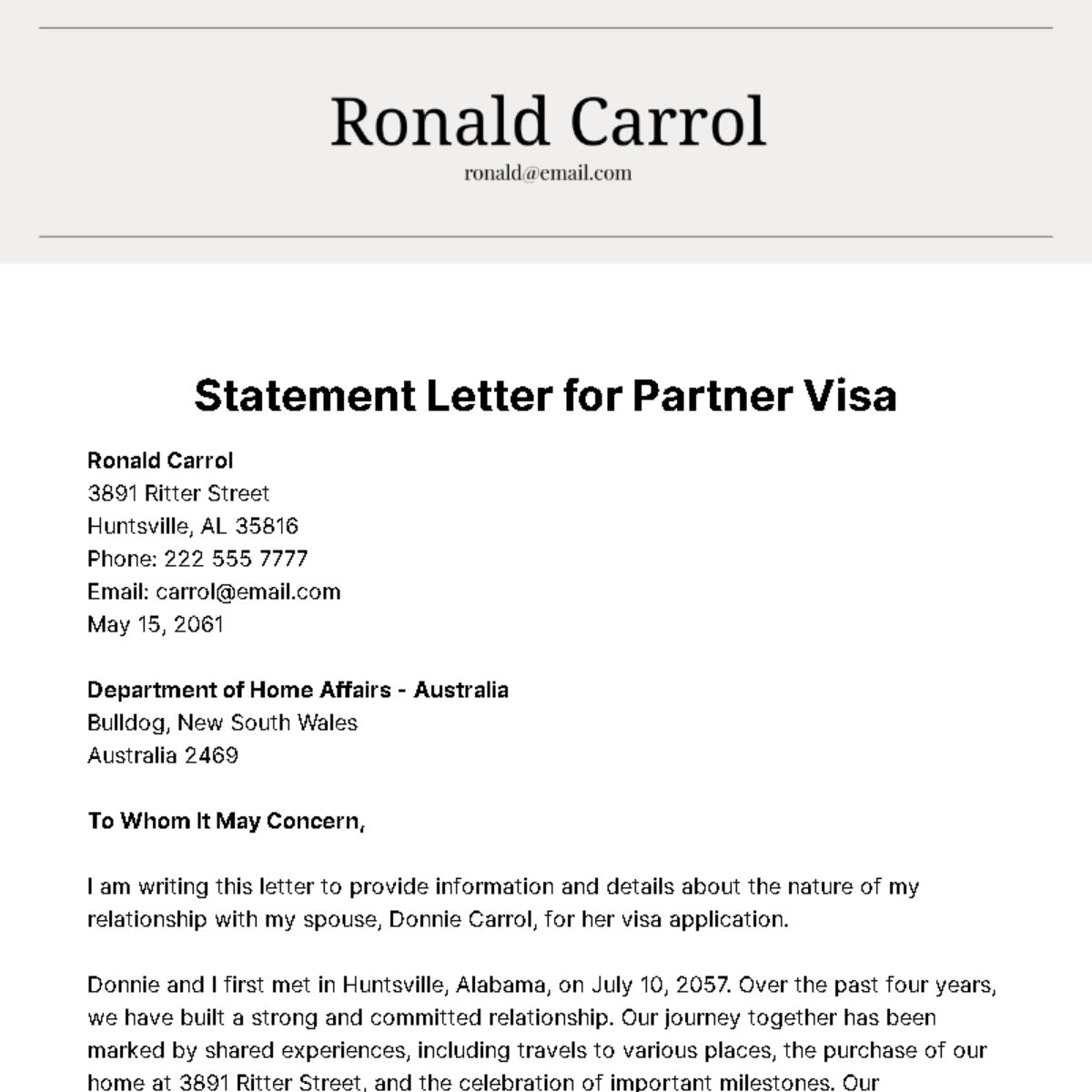 Statement Letter for Partner Visa Template