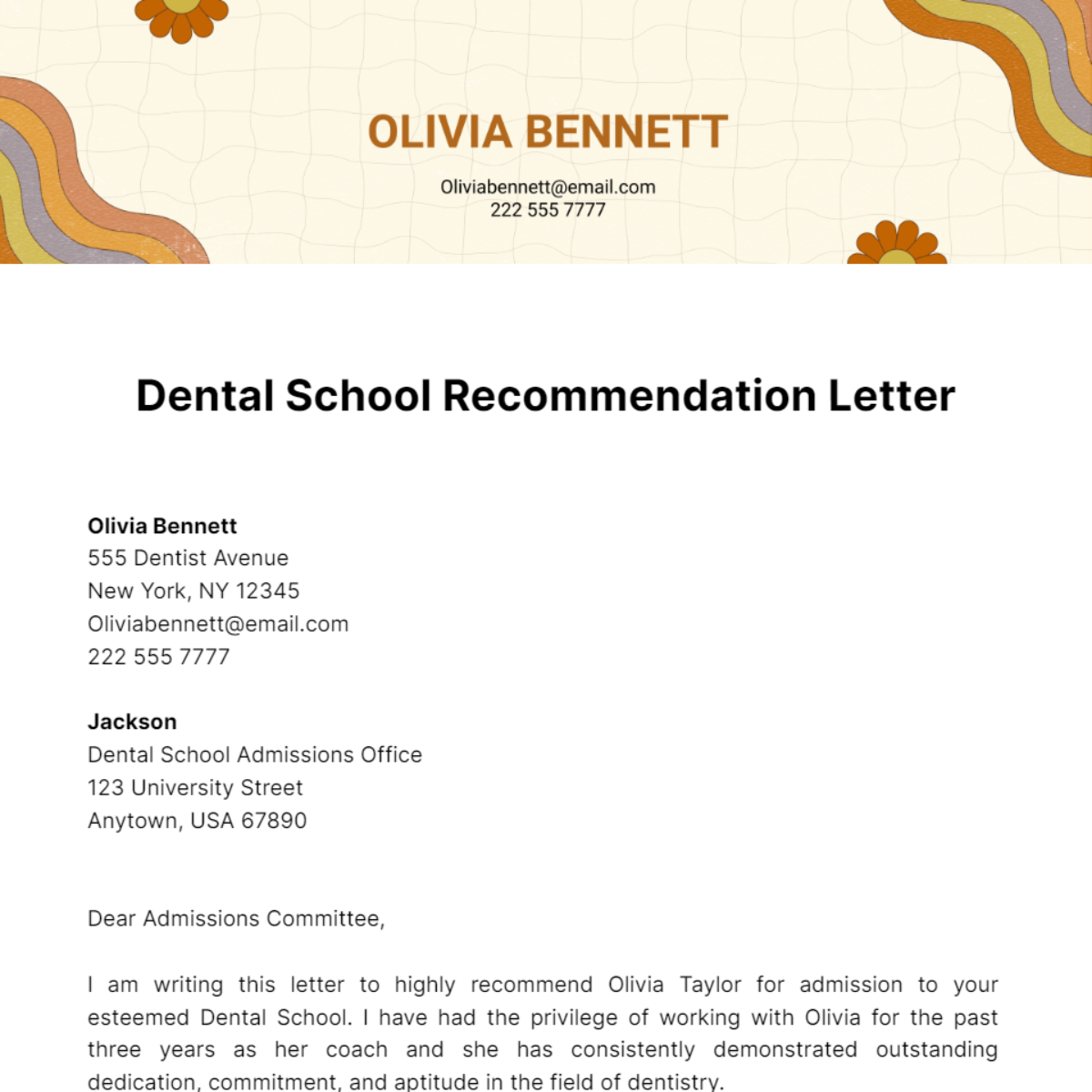 Dental School Recommendation Letter Template