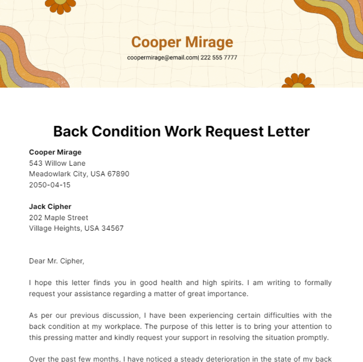 Back Condition Work Request Letter  Template
