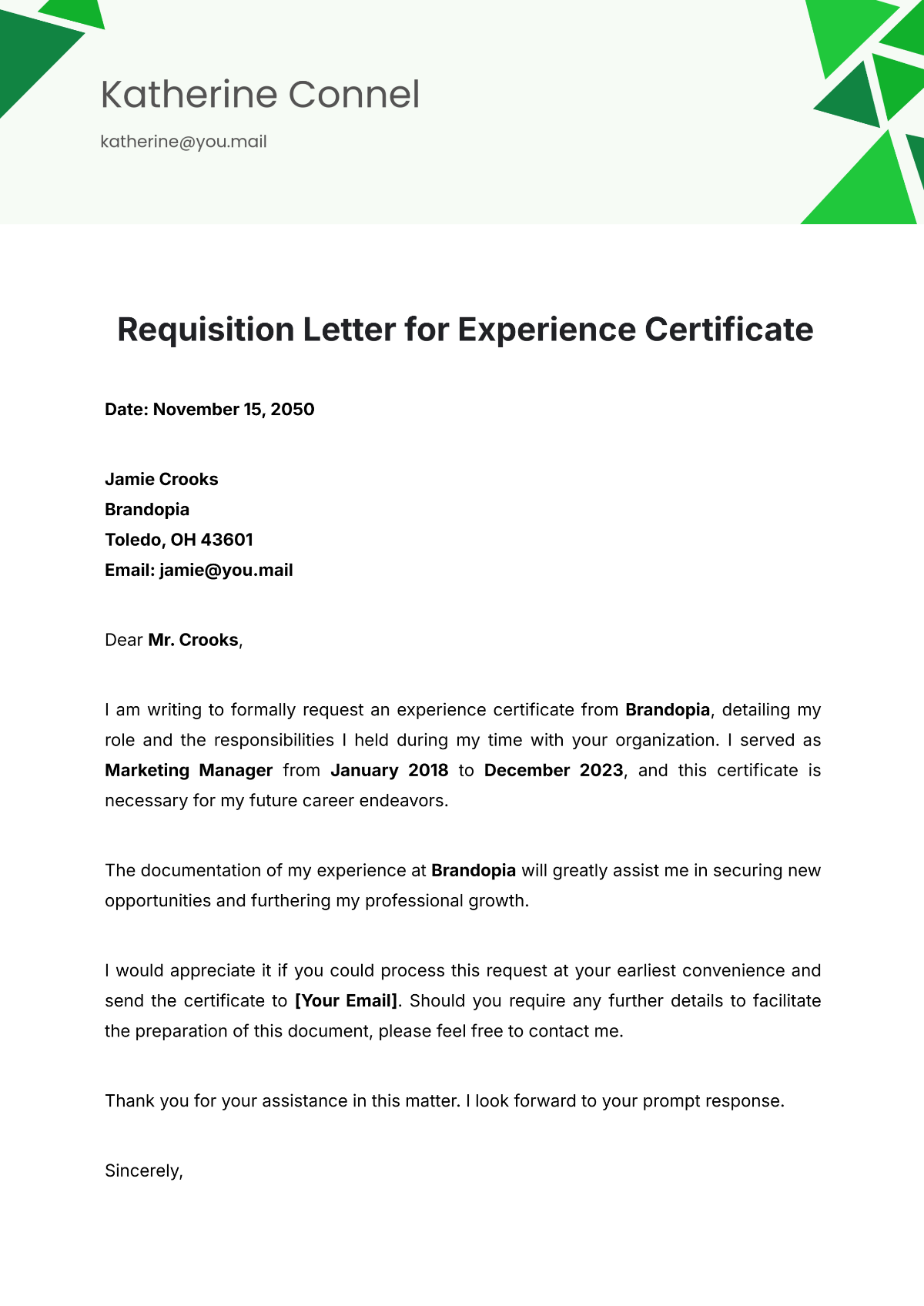 Requisition Letter for Experience Certificate Template - Edit Online & Download