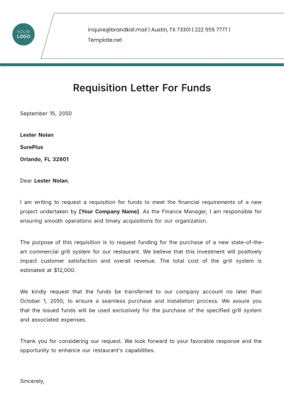 Free Requisition Letter for Funds Template to Edit Online