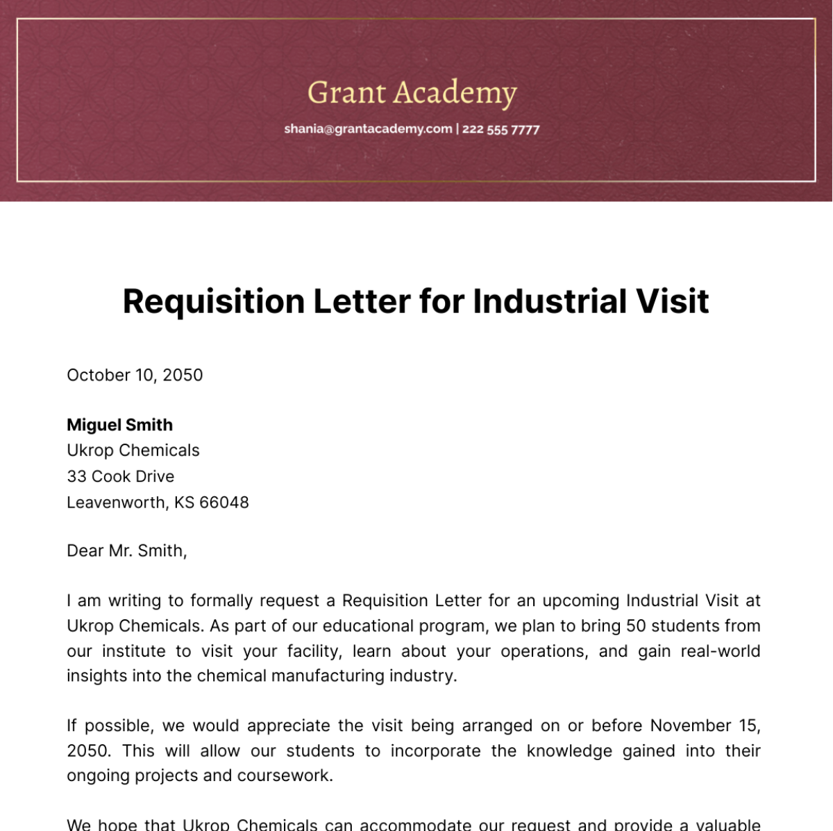 Requisition Letter for Industrial Visit Template