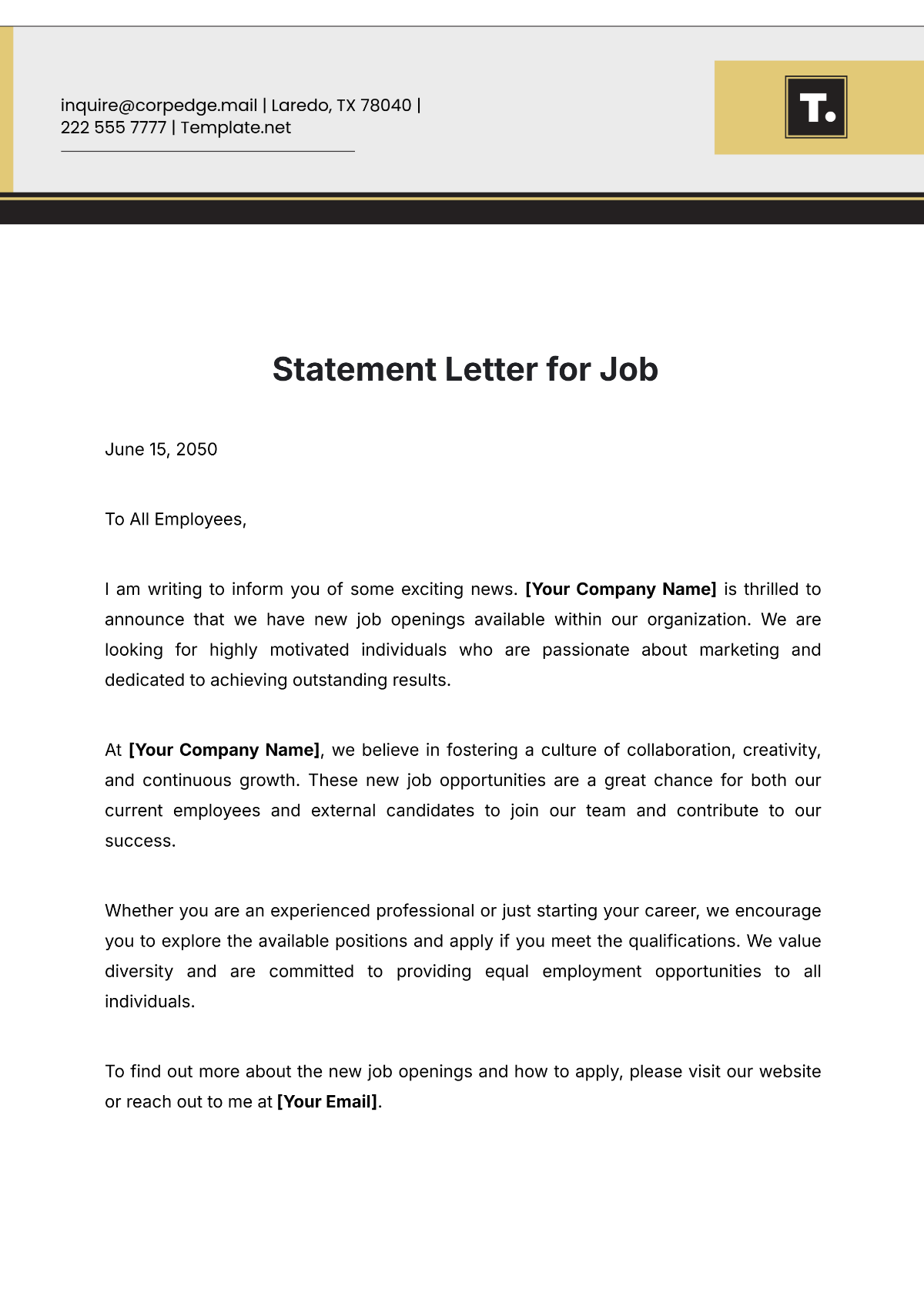 Statement Letter for Job Template - Edit Online & Download