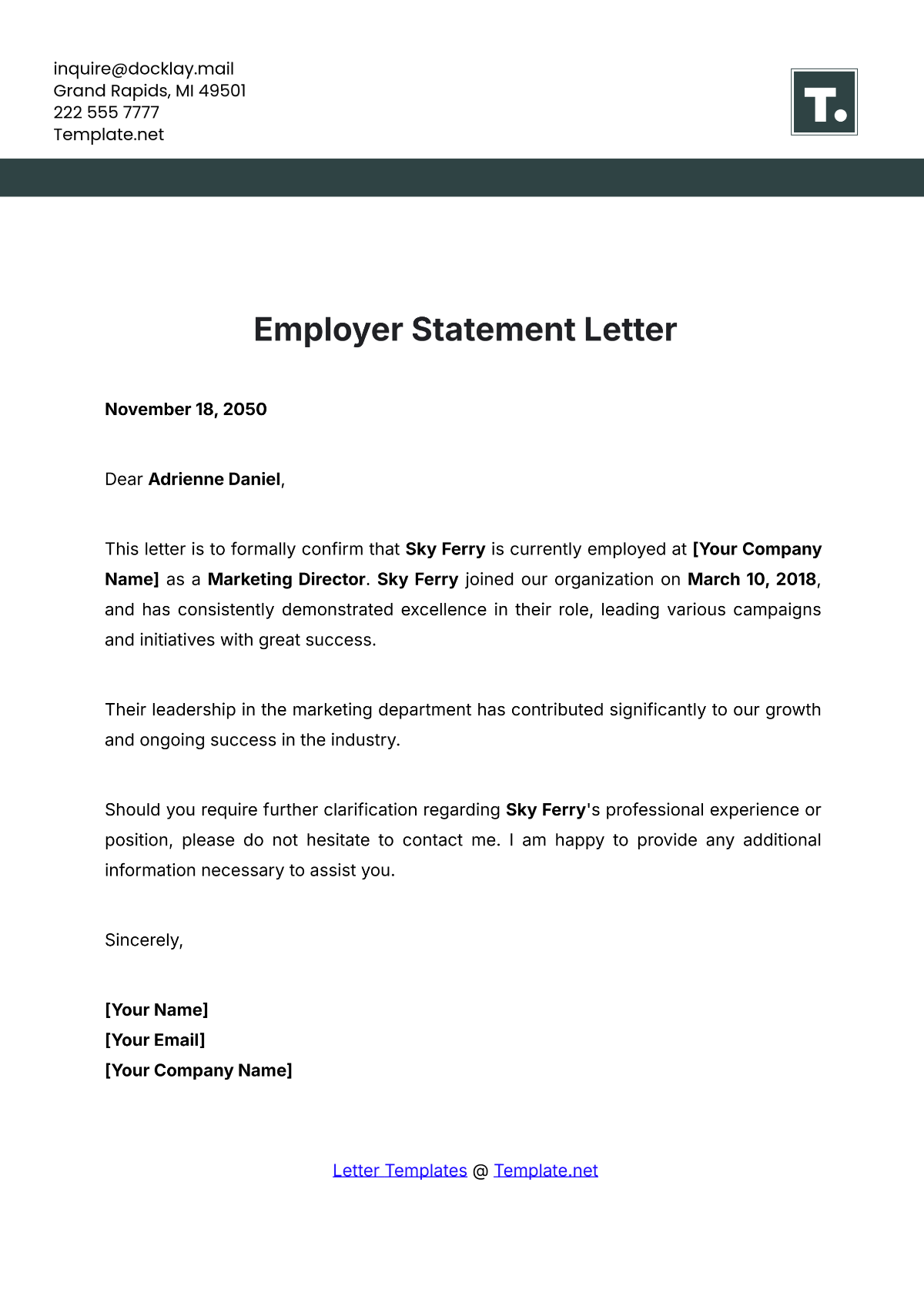 Employer Statement Letter Template - Edit Online & Download