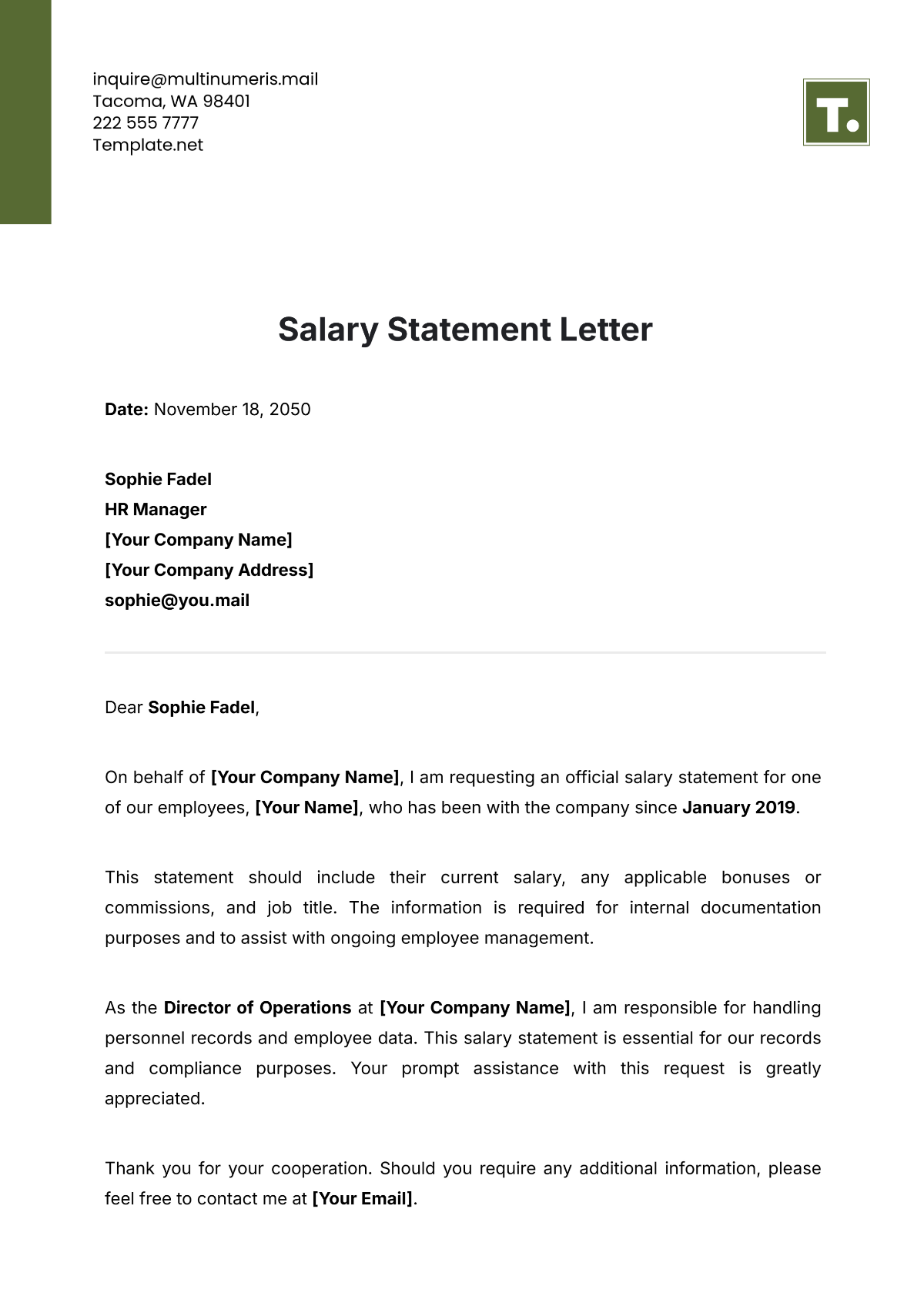 Salary Statement Letter Template - Edit Online & Download