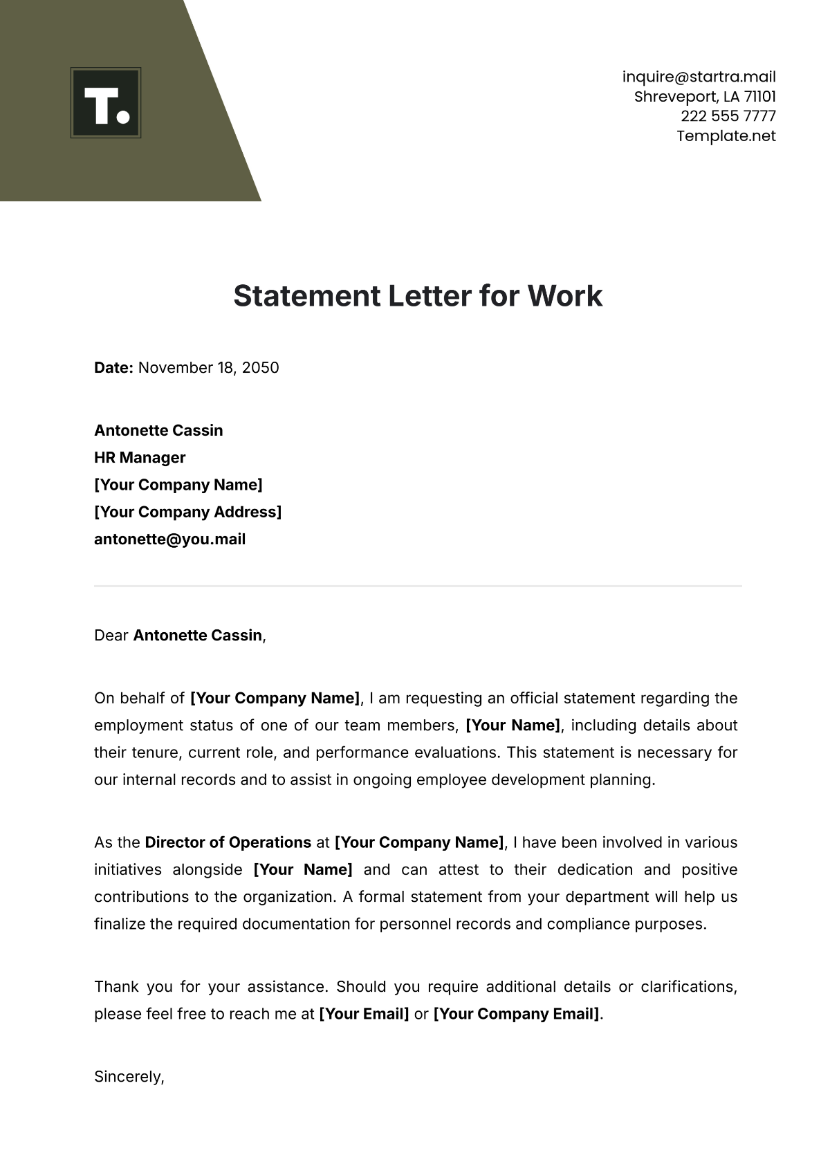 Statement Letter for Work Template - Edit Online & Download