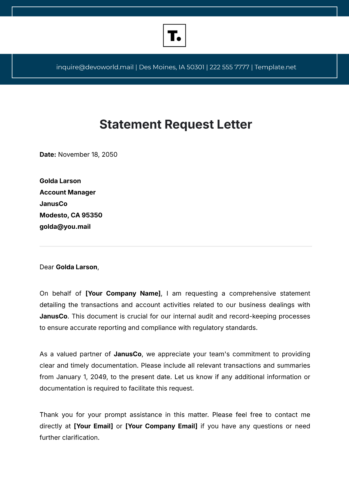 Statement Request Letter Template - Edit Online & Download