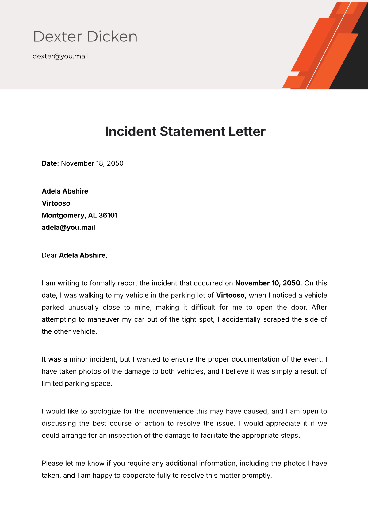 Incident Statement Letter Template - Edit Online & Download