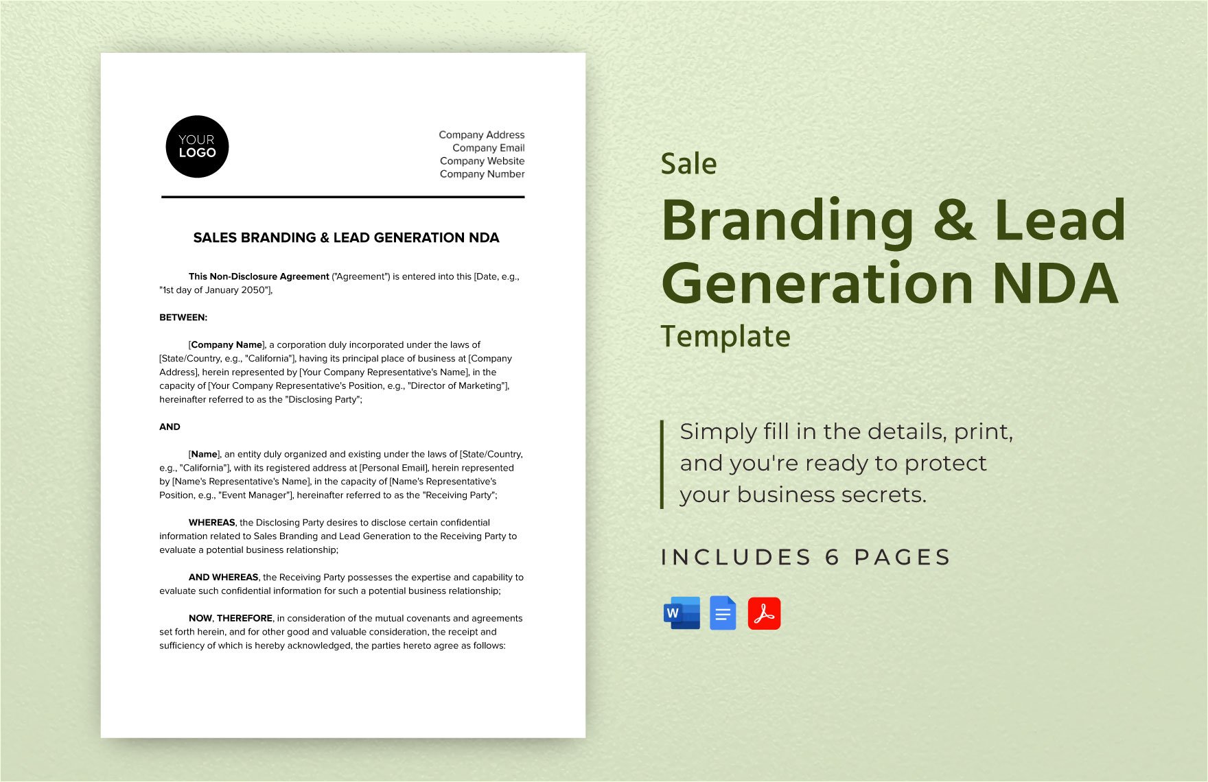 Sales Branding & Lead Generation NDA Template in Word, Google Docs, PDF