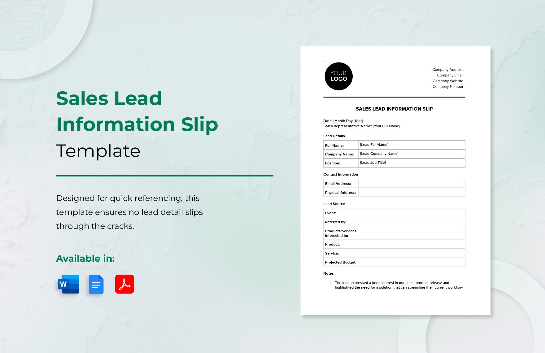 Sales Lead Information Slip Template in Word, Google Docs, PDF
