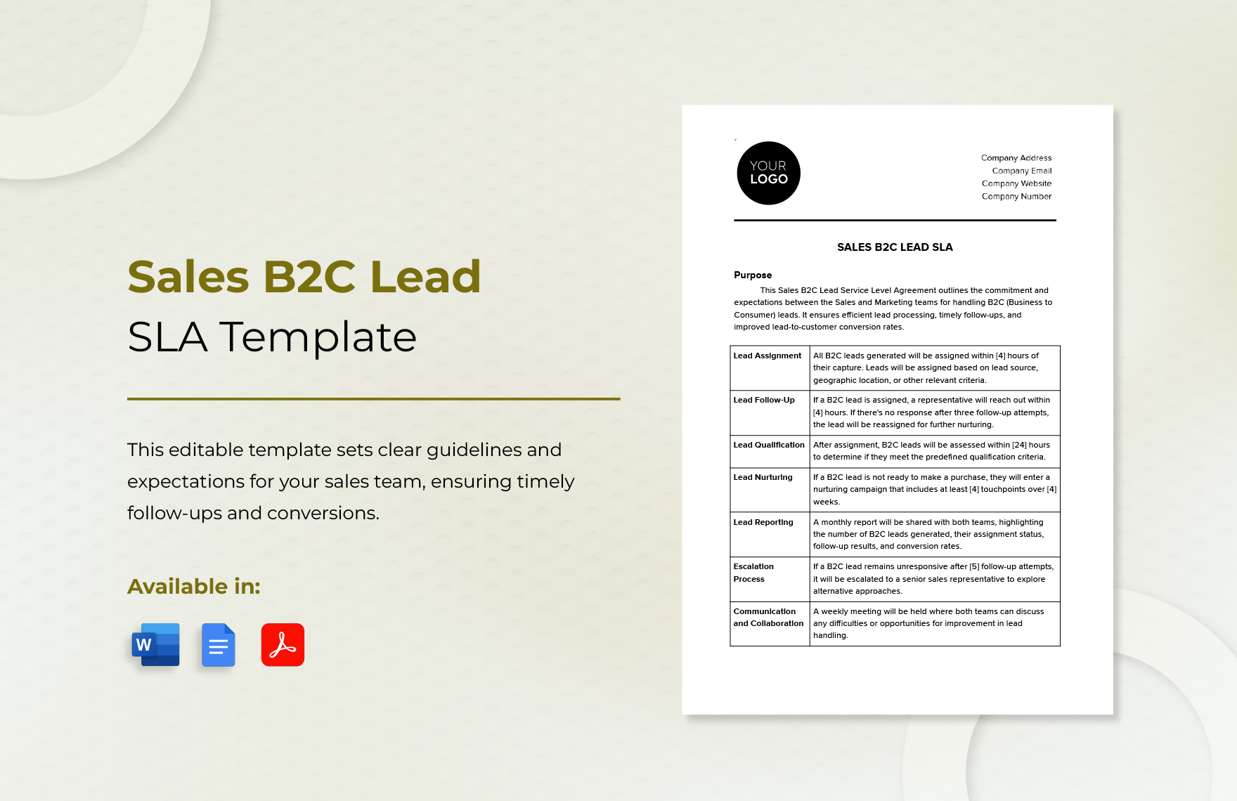 Sales B2C Lead SLA Template in Word, Google Docs, PDF