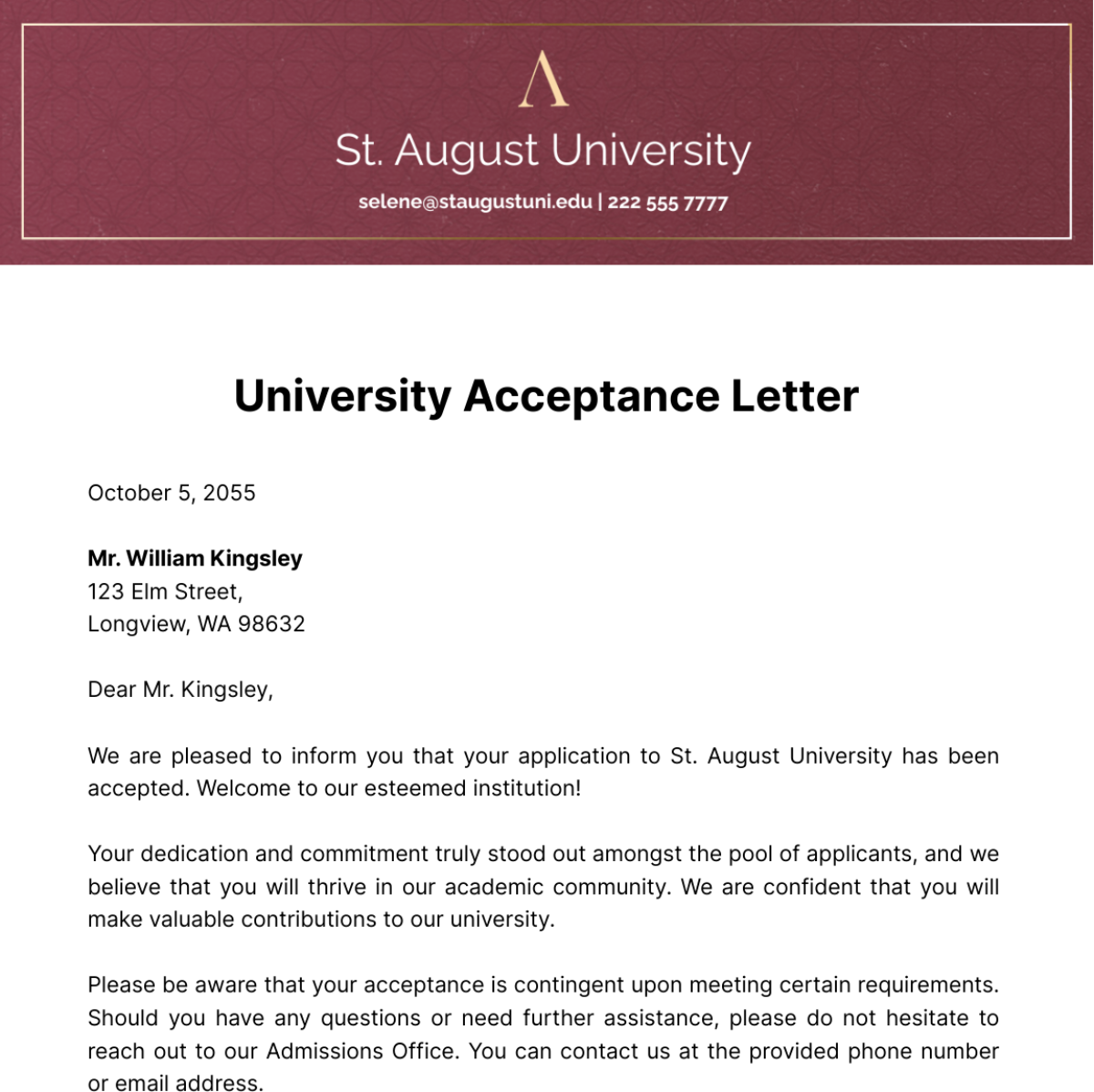University Acceptance Letter Template
