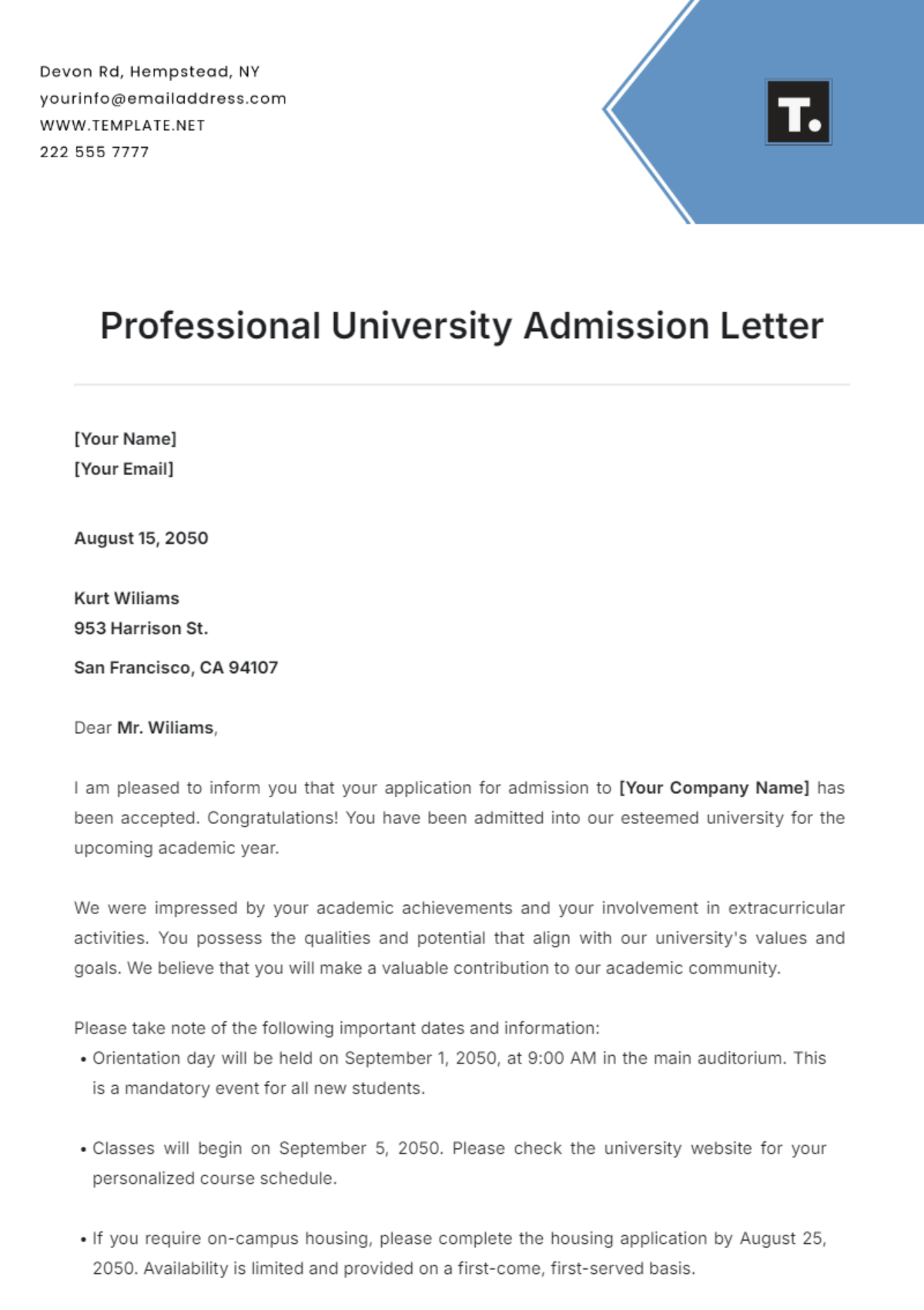 Professional University Admission Letter Template - Edit Online & Download