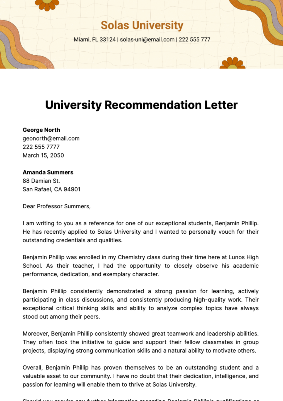 Free University Recommendation Letter Template