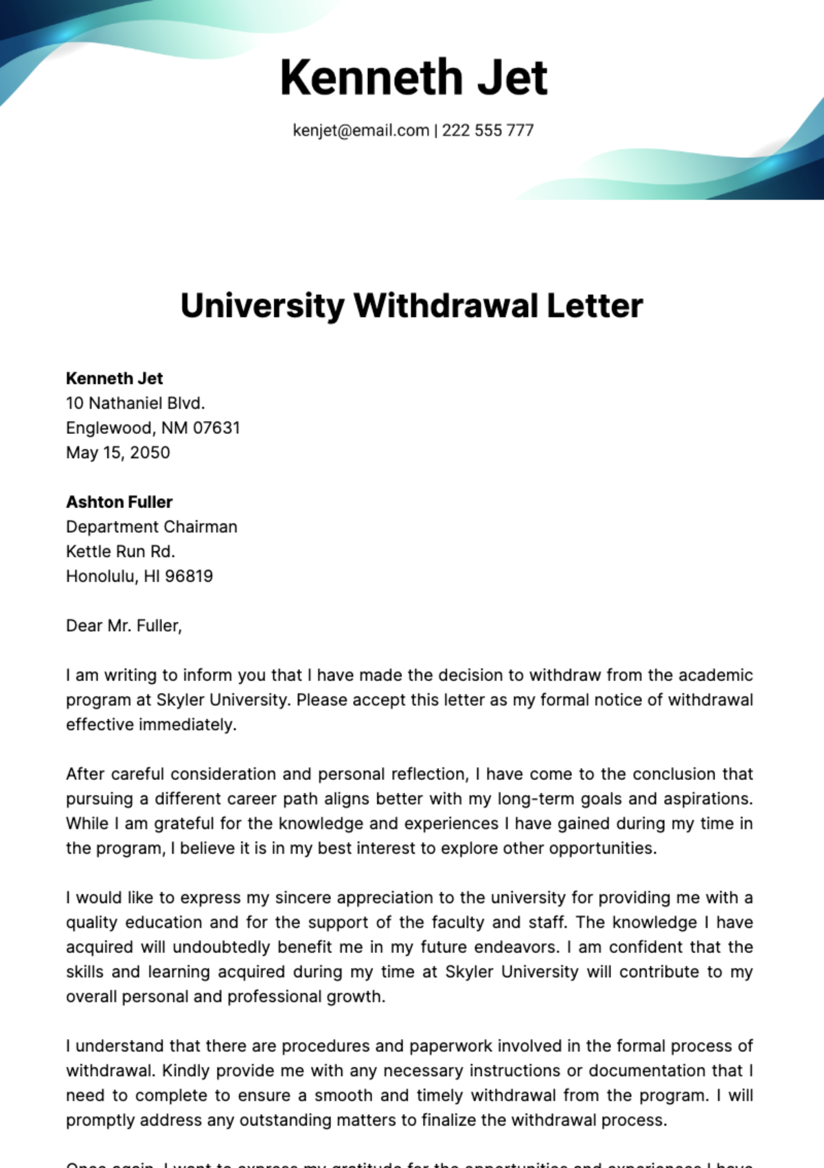 University Withdrawal Letter Template