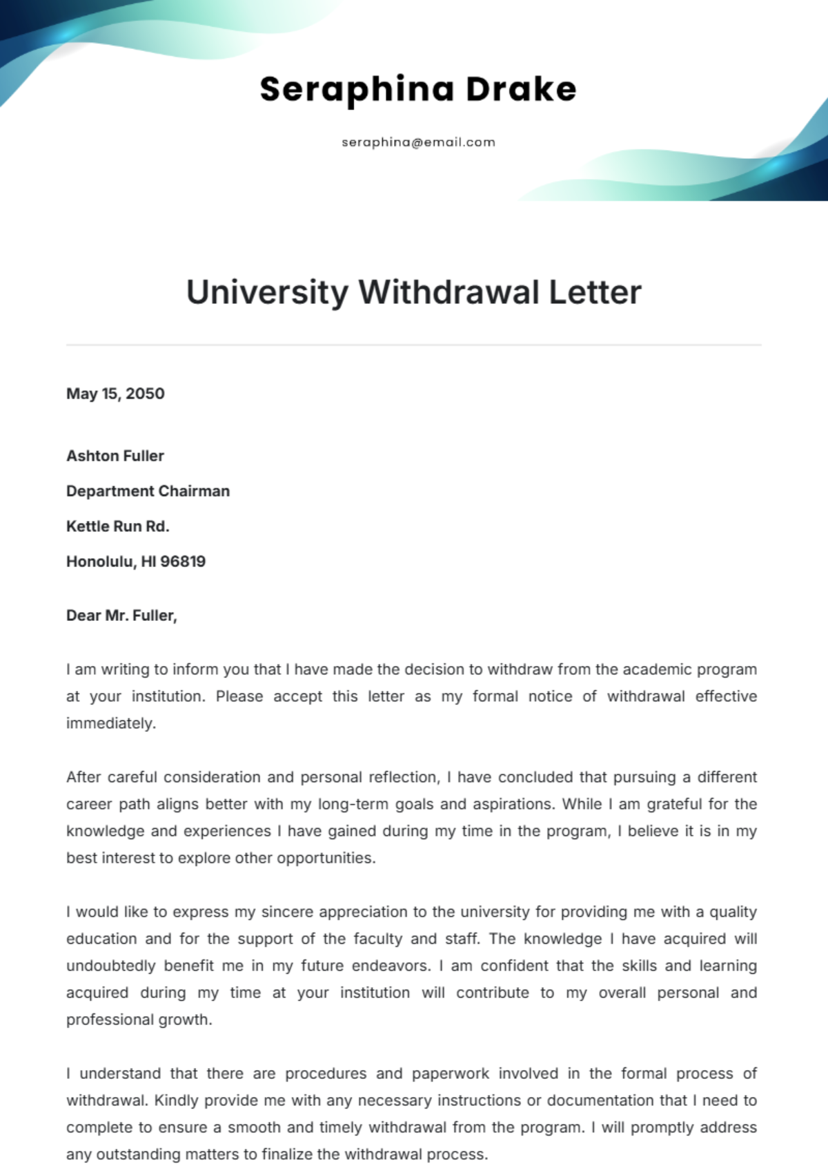 University Withdrawal Letter Template - Edit Online & Download