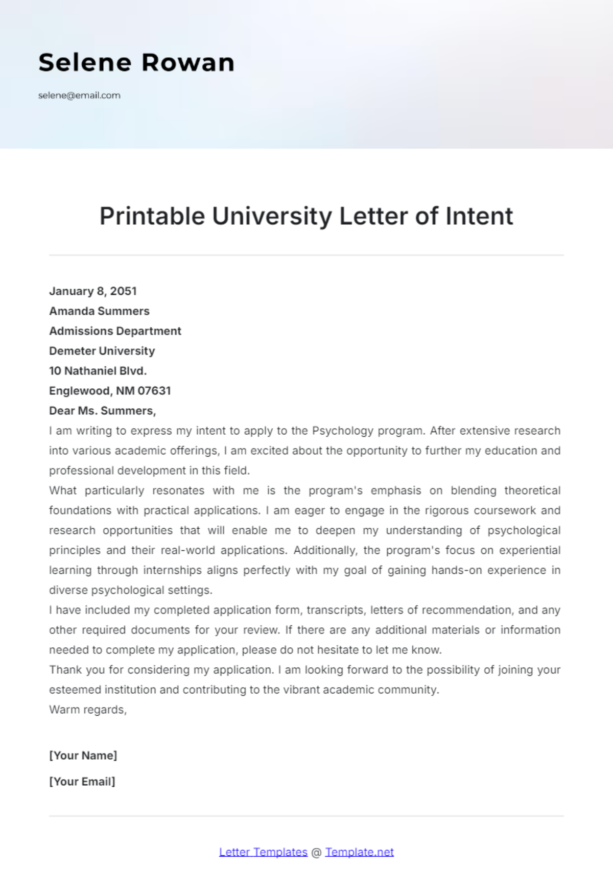 Printable University Letter of Intent Template - Edit Online & Download