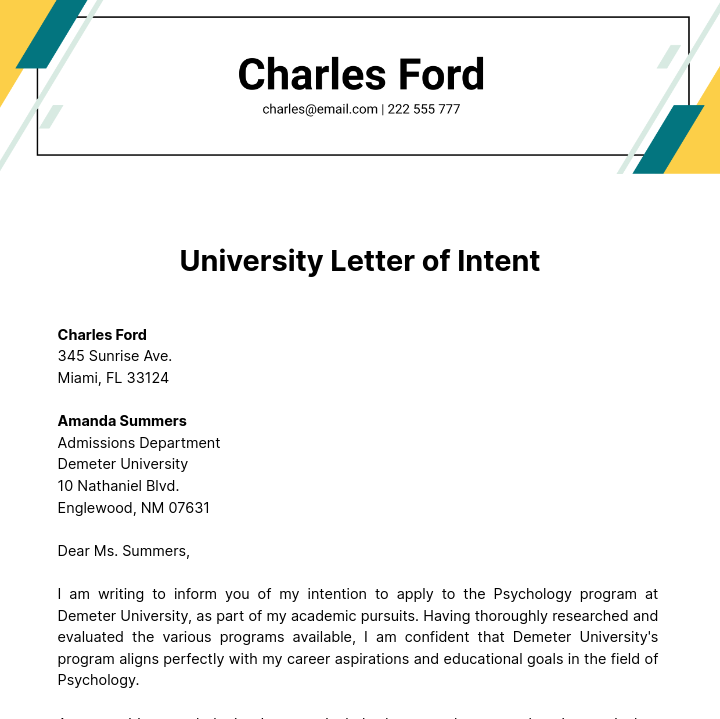 University Letter of Intent Template