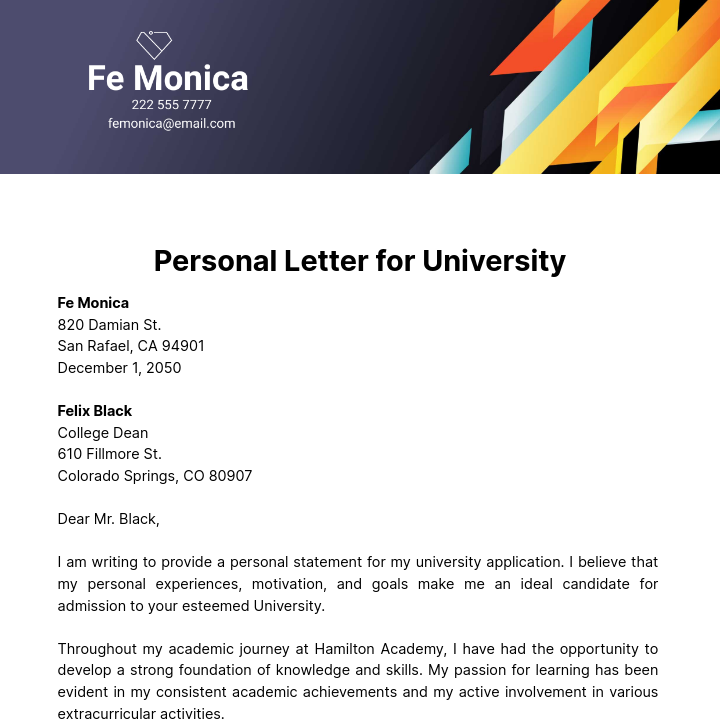 Personal Letter for University Template