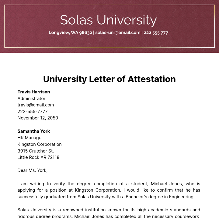University Letter of Attestation Template
