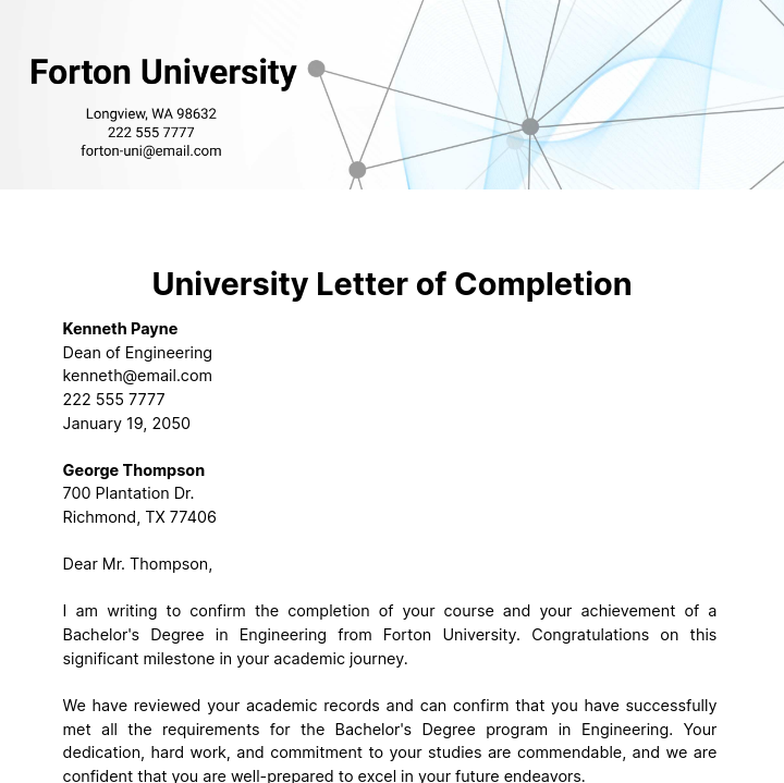 University Letter of Completion Template