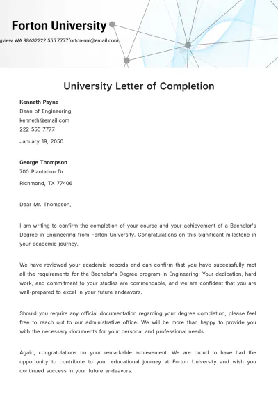 Free University Letter of Completion Template to Edit Online