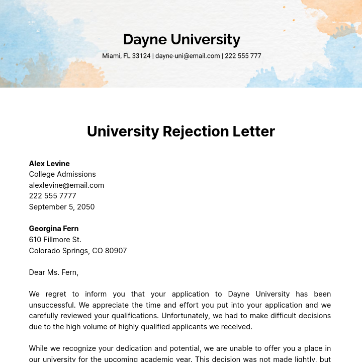 University Letter of Rejection Template