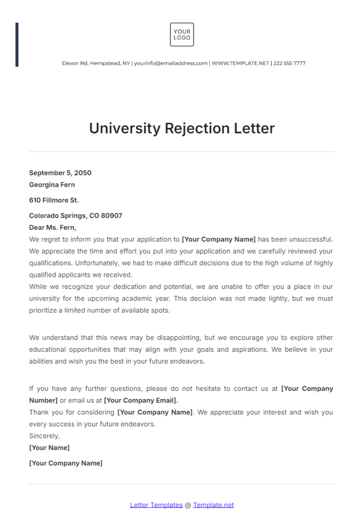 University Rejection Letter Template - Edit Online & Download