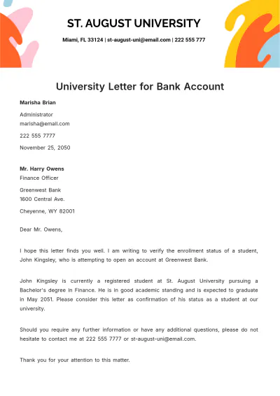 Free University Letter for Bank Account Template to Edit Online