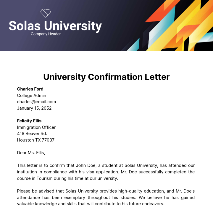 University Confirmation Letter Template