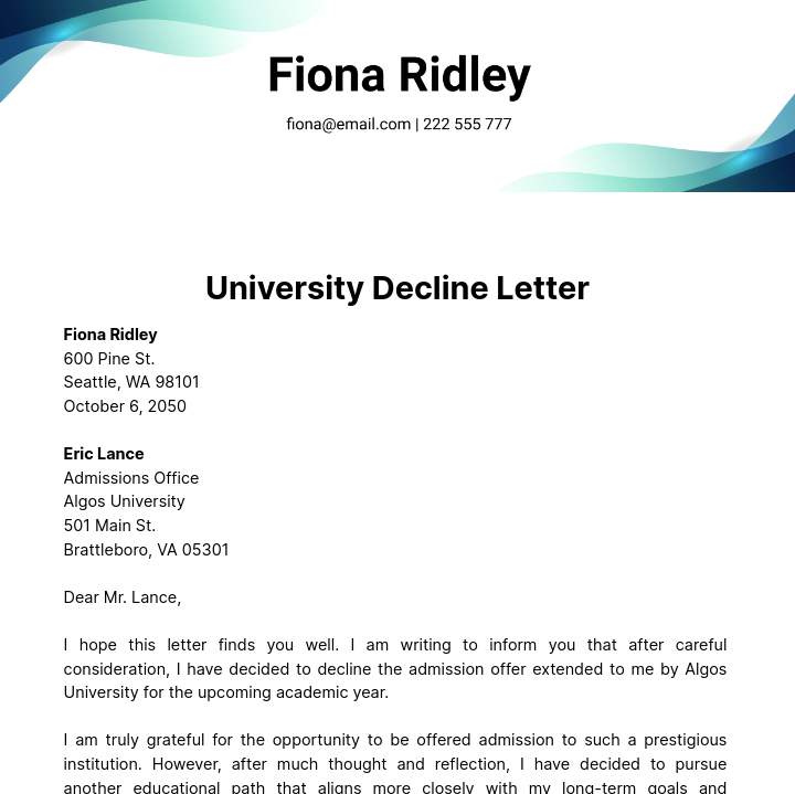 University Decline Letter Template