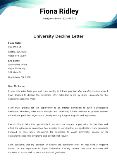 Free University Decline Letter Template to Edit Online