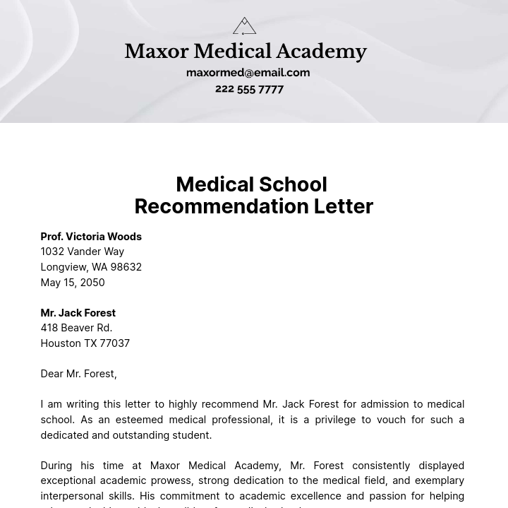 Free Medical School Recommendation Letter Template