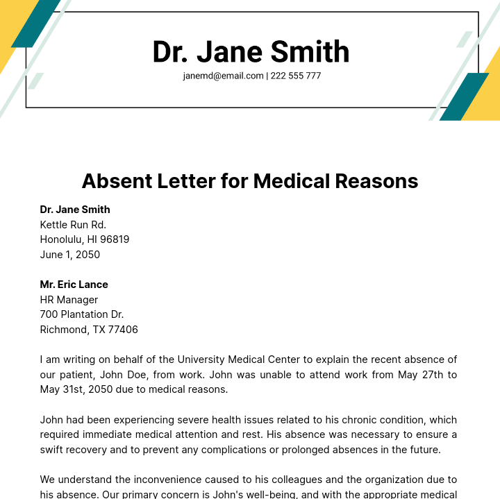 Free Absent Letter for Medical Reasons Template
