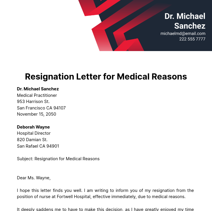 Free Resignation Letter For Medical Reasons Edit Online Download Template Net