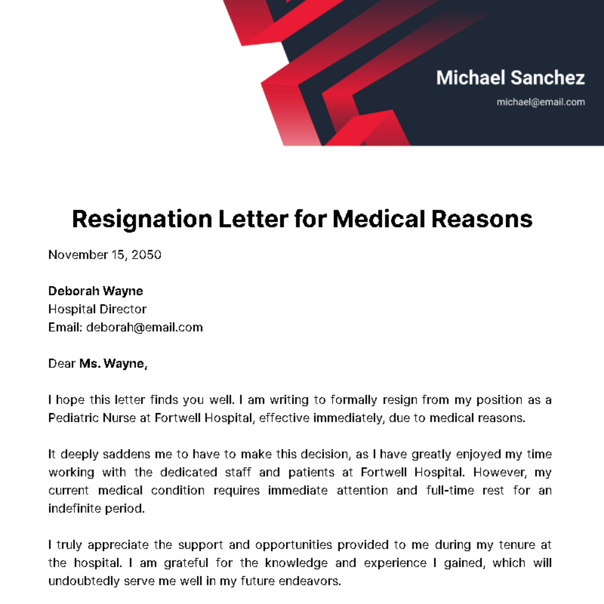 Free Resignation Letter for Medical Reasons Template