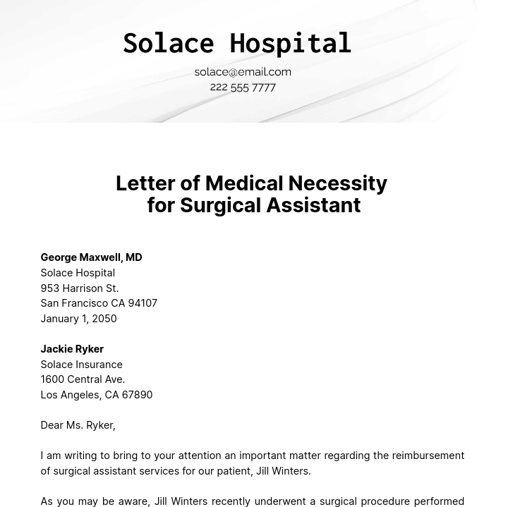 Letter of Medical Necessity for Surgical Assistant Template