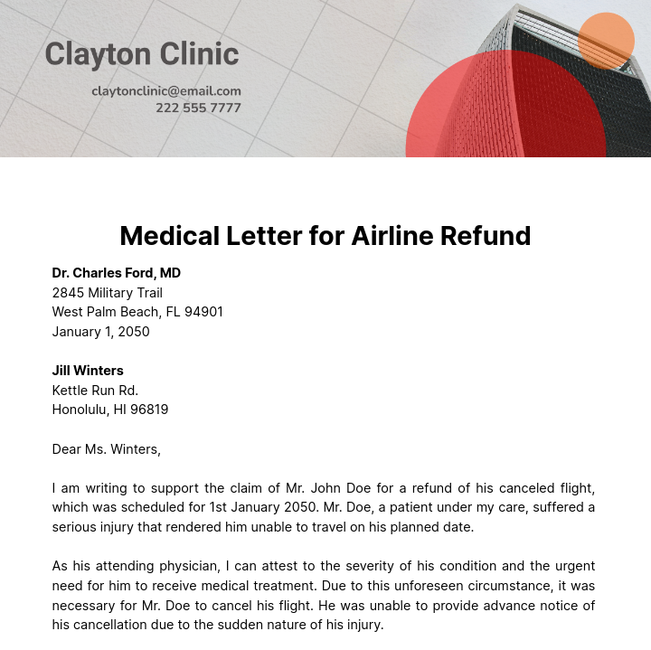 Medical Letter for Airline Refund Template