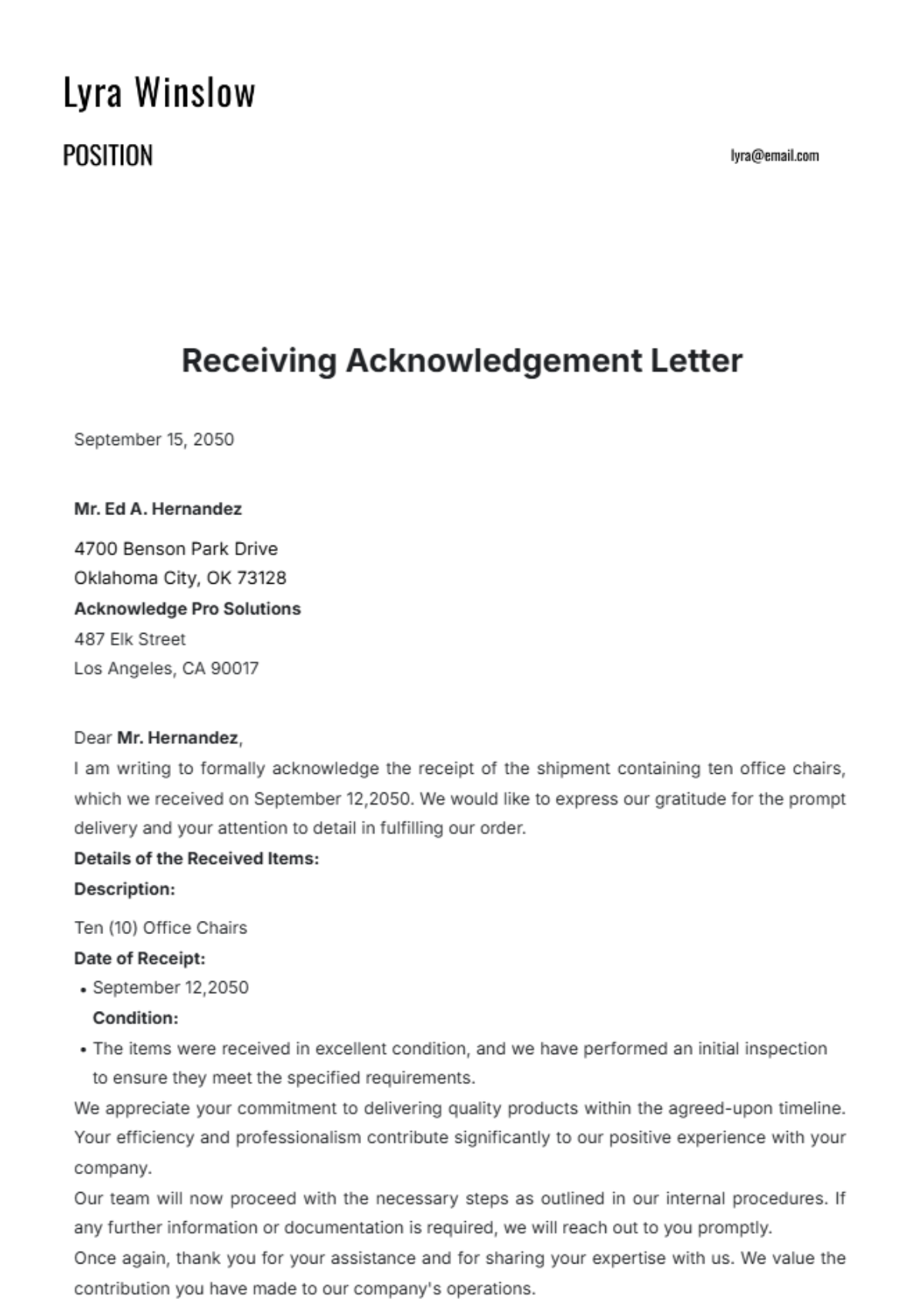 Receiving Acknowledgement Letter Template